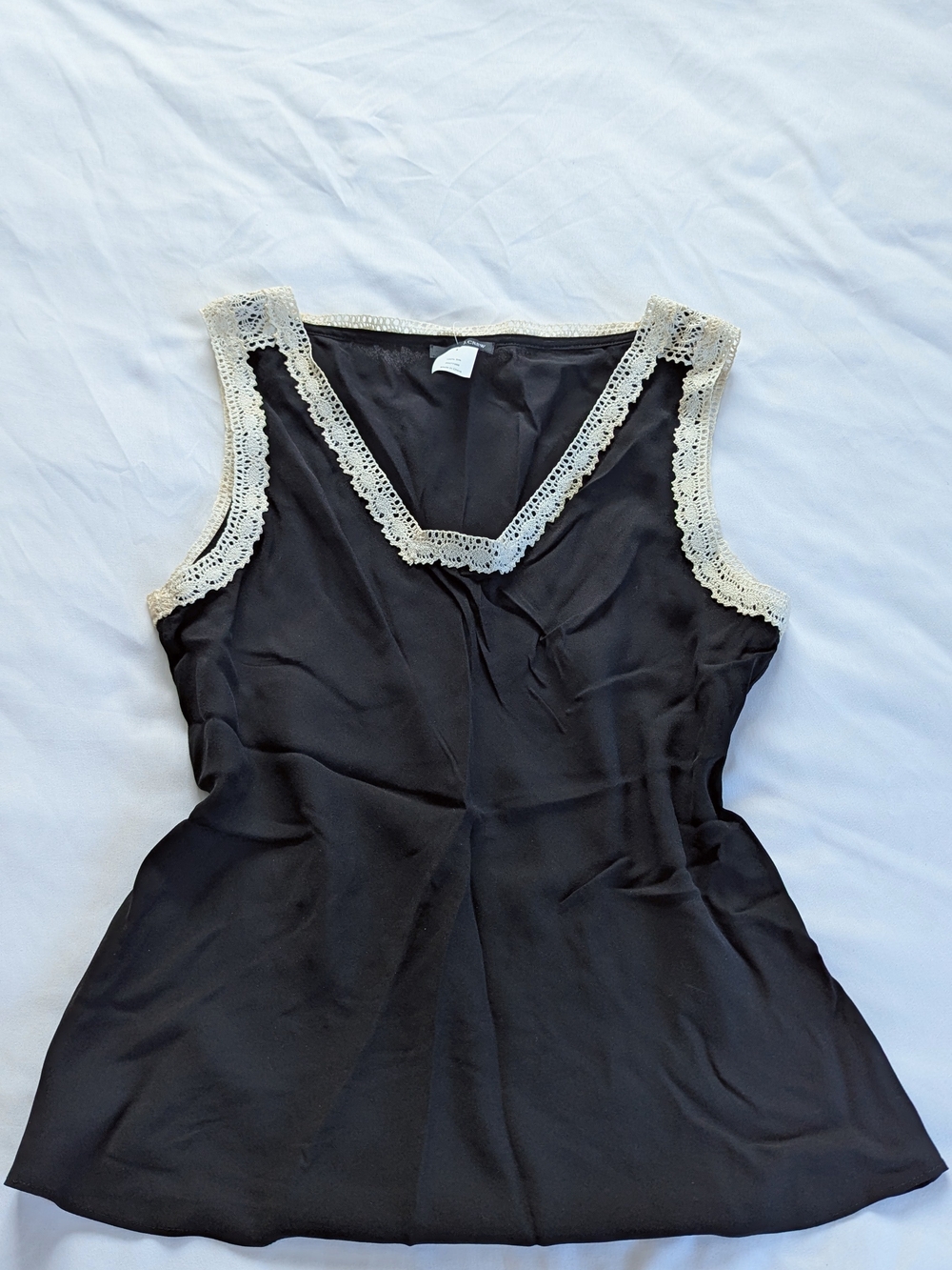 J. Crew 100% Silk  Black Sleeveless Top with Cream Crochet Trim